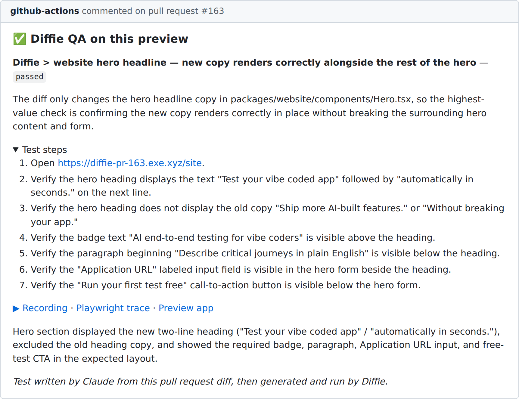 Diffie QA comment on pull request 163: a passed seven-step test for the new homepage heading, including checks that the old heading is gone and the rest of the section still shows.