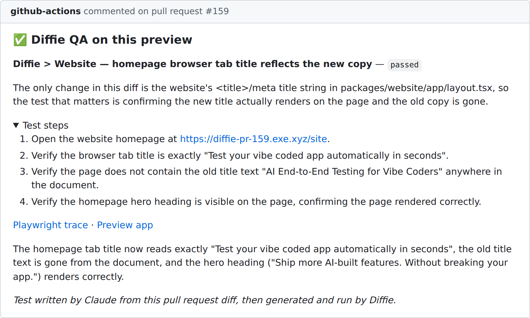 Diffie QA comment on pull request 159: a passed test that checks the browser tab title is exactly the new title, that the old title is gone, and that the hero heading still shows.
