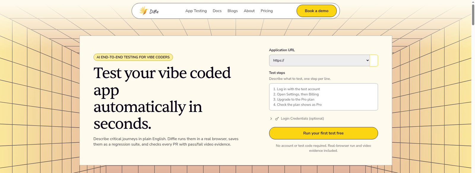 A frame from Diffie's test recording showing the Diffie homepage with the new heading, Test your vibe coded app automatically in seconds.