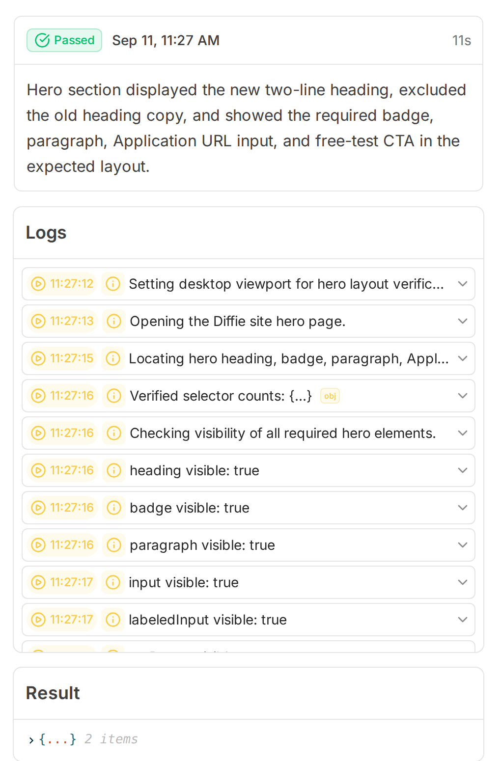 The Diffie run page for the homepage heading test: passed in 11 seconds, with a summary and a log of each visibility check.