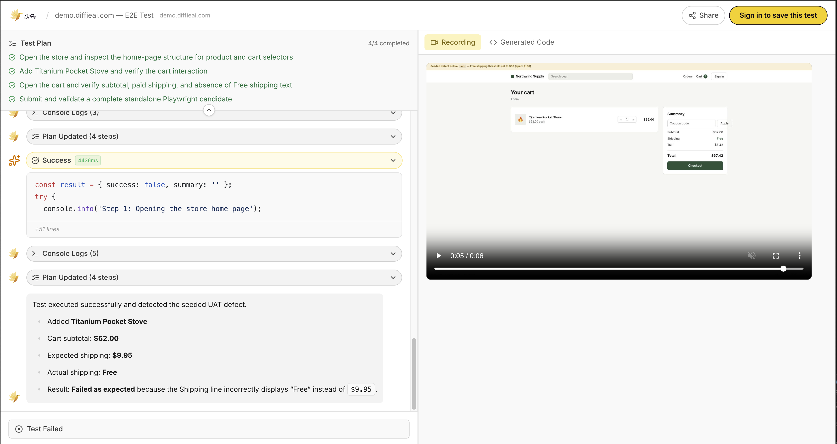 A Diffie run showing the plan including verification of paid shipping and absence of Free shipping text, with the cart replay showing Free shipping on a $62 order