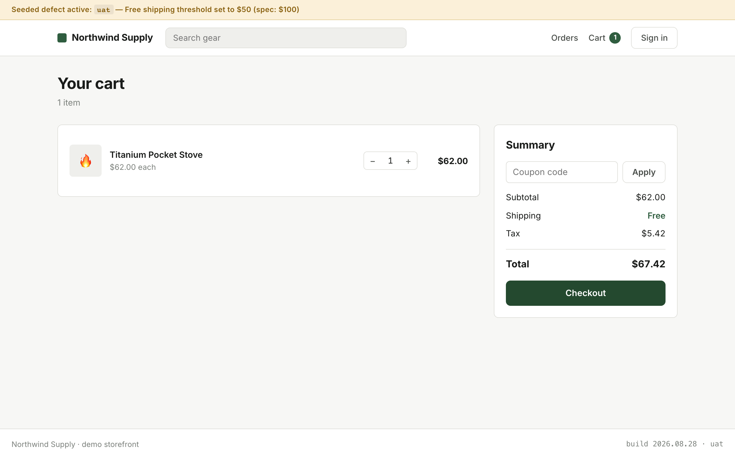 A cart with a $62.00 subtotal showing Free shipping, despite a stated $100 free-shipping threshold