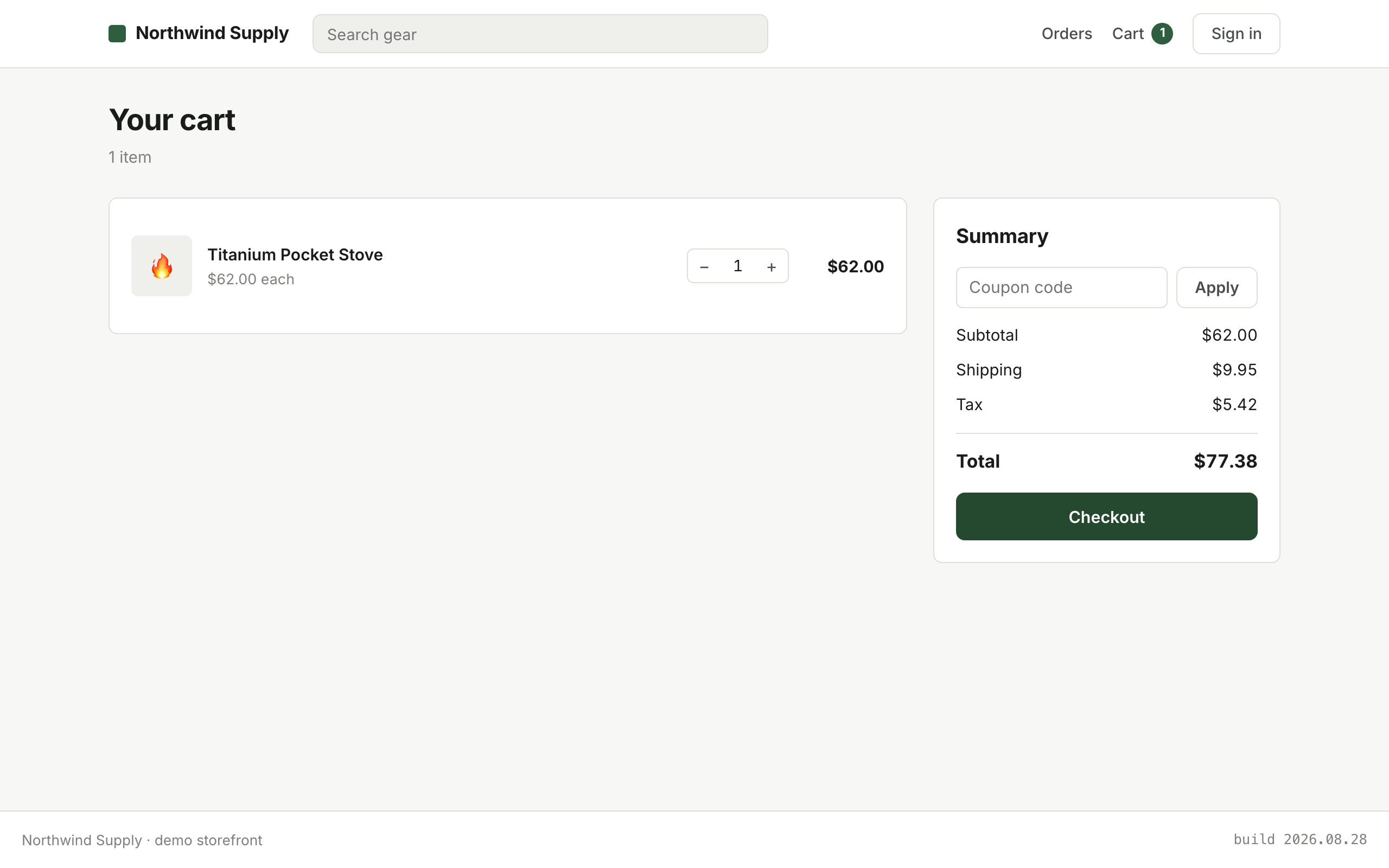 A cart on the correct build with a $62.00 subtotal and a $9.95 shipping charge below the $100 free-shipping threshold